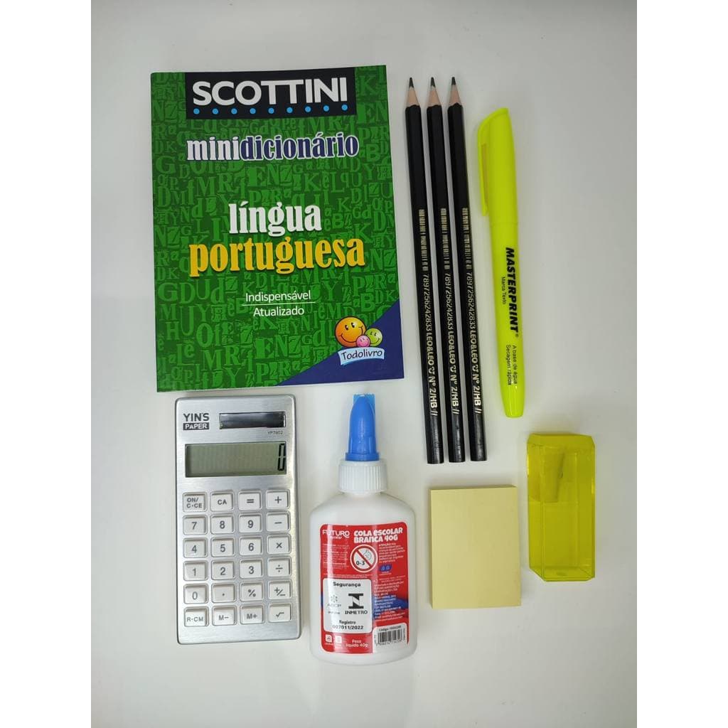 KIT MATERIAL ESCOLAR BÁSICO - MINI DICIONÁRIO, CALCULADORA...