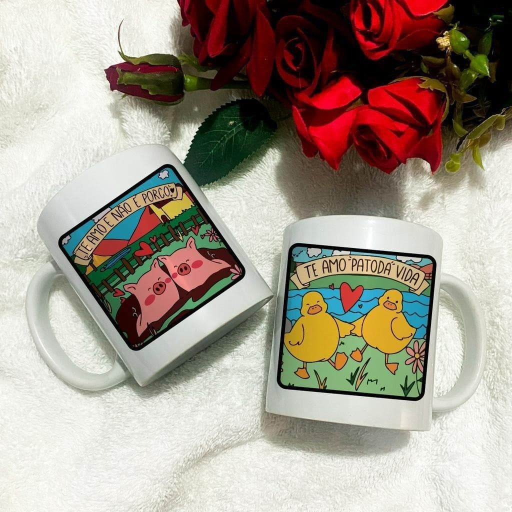 Caneca Te amo patodavida e Te amo e não é porco Kit Porcelana 325ml