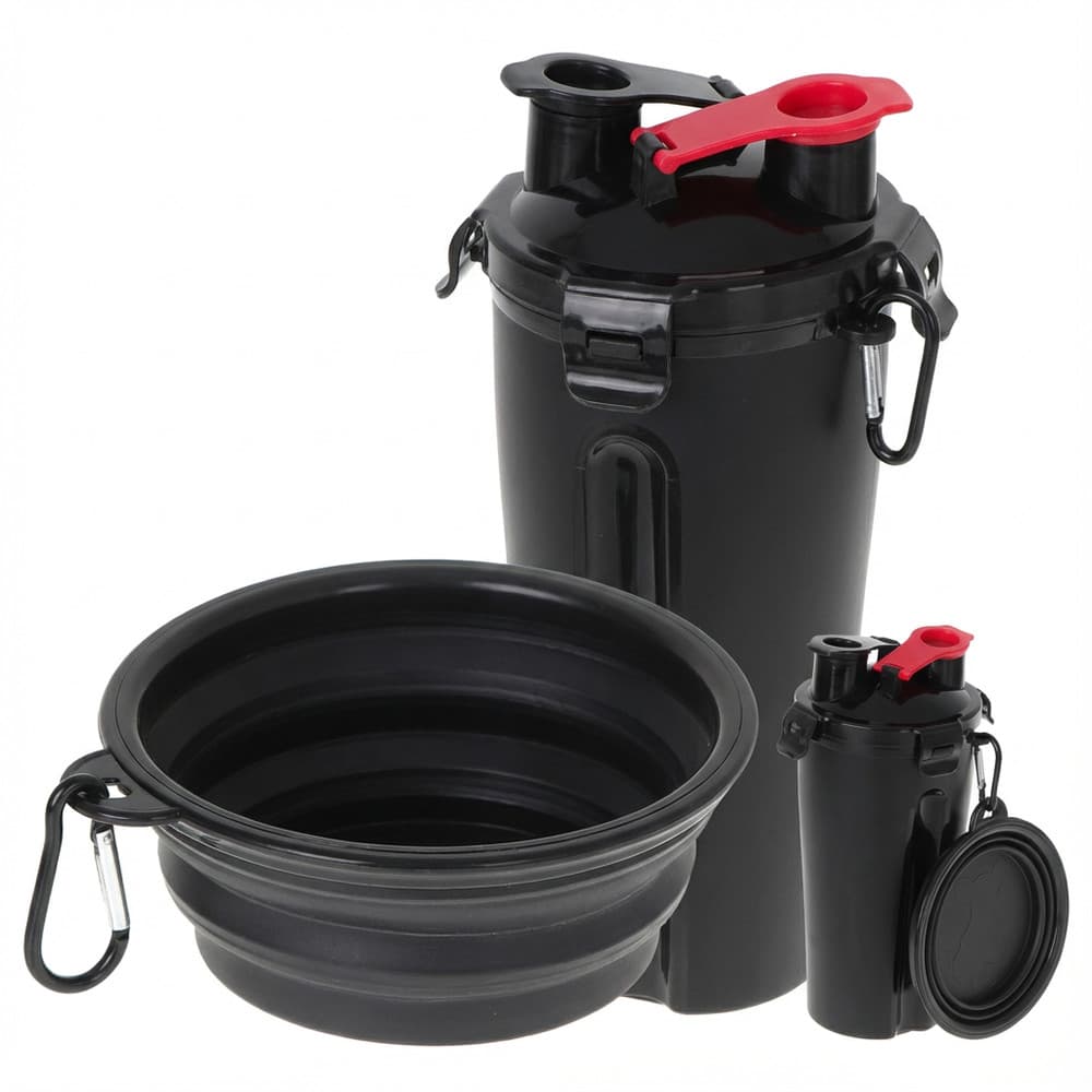 Garrafa Pet 2 em 1 Preta Água e Ração 700ml com Pote Retrátil Portátil