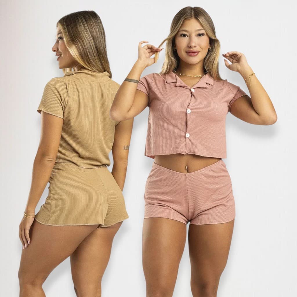 Kit 2 Baby Doll Feminino Canelado com Botões – Conjunto Cropped e Short Conforto Pijamas