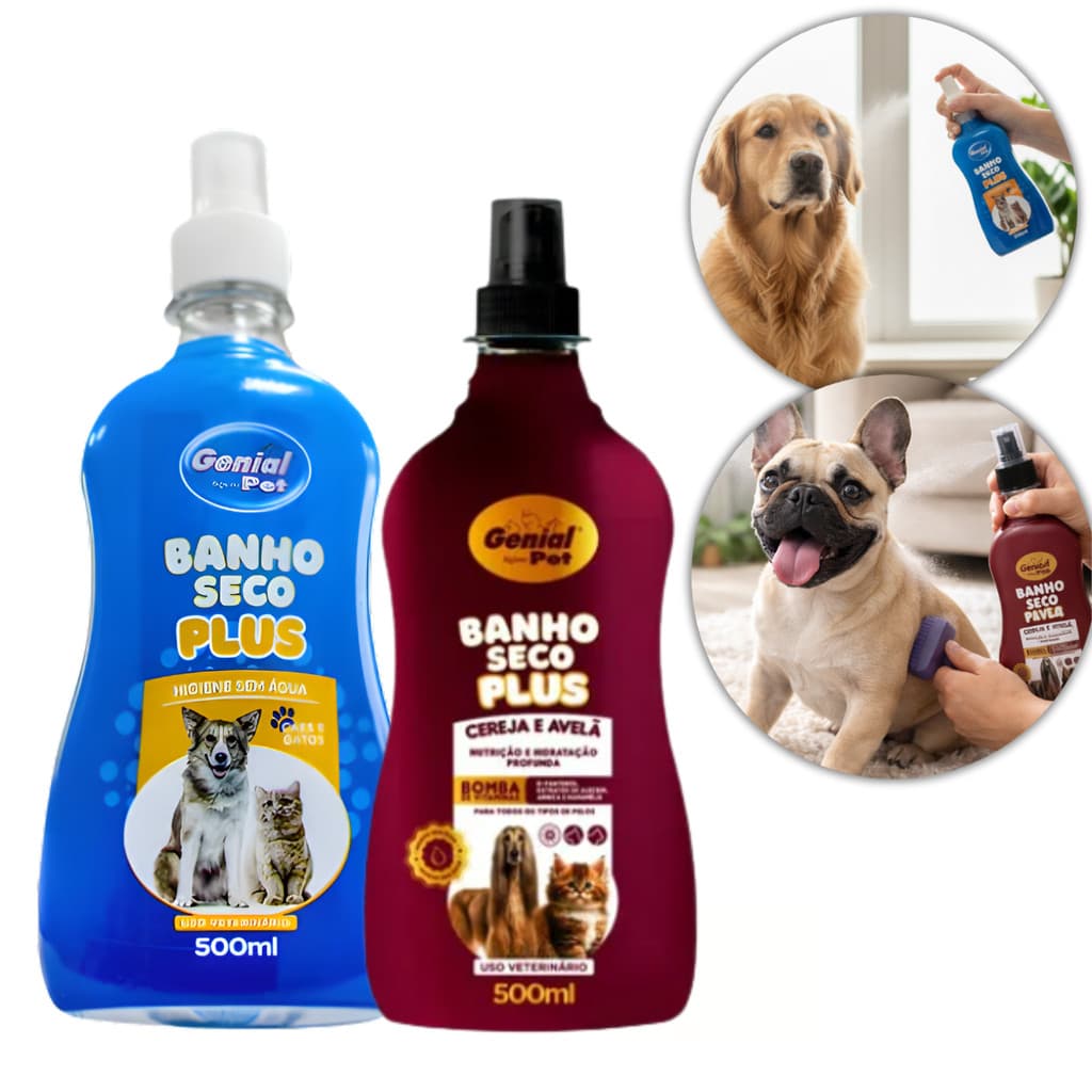 Kit 2 Banho Seco spray500ml Higiene Sem Enxágue Cereja e Avelã Cães e Gatos