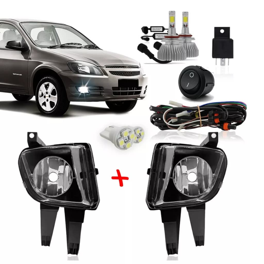 Kit Completo Farol Milha Neblina Auxiliar Celta Prisma 2007 08 09 10 11 12 13 14 2015 + Led 6k