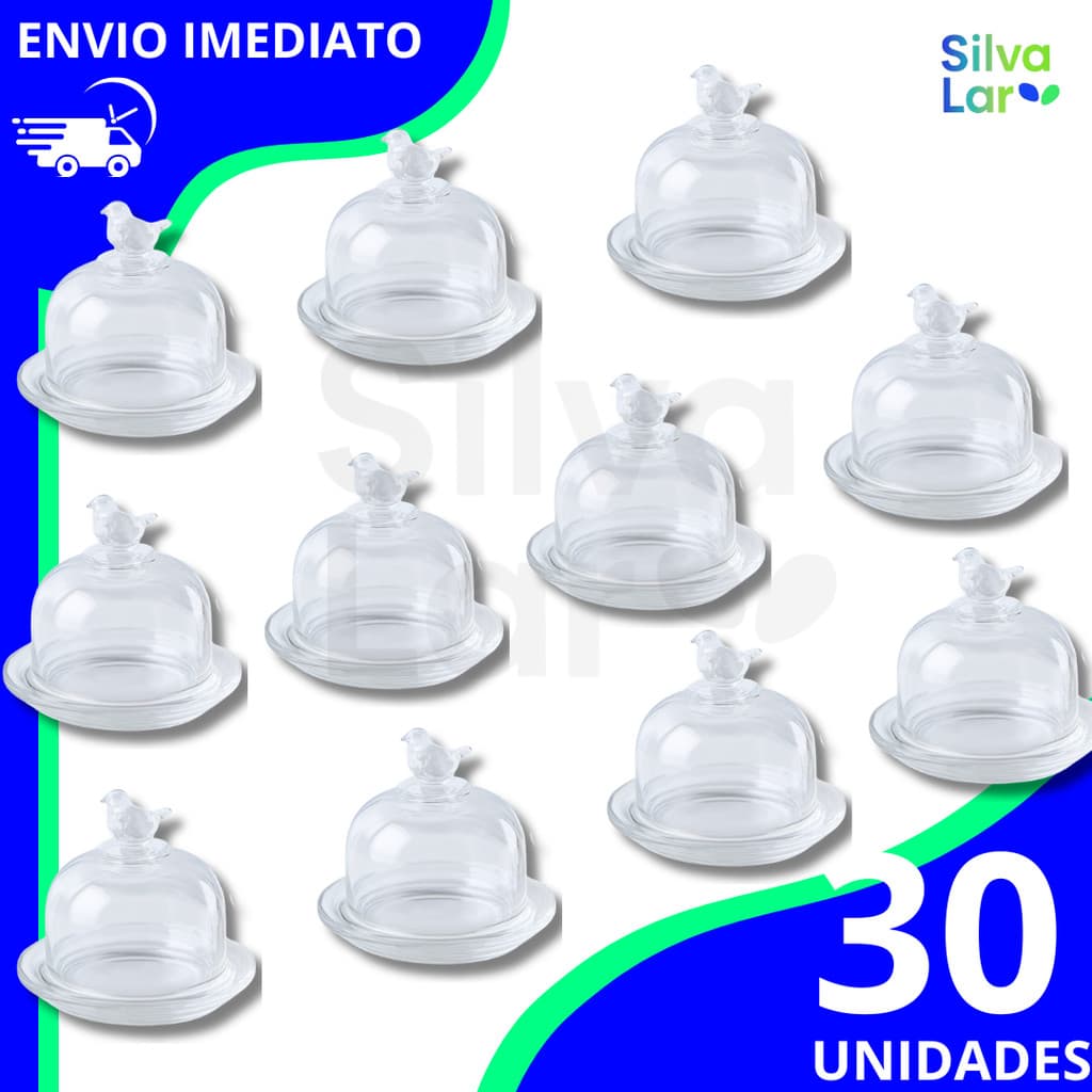 KIT 30 Manteigueiras Decorativa de Cristal Tamanho Pequeno – Tampa com Pássaro e Vidro Espesso