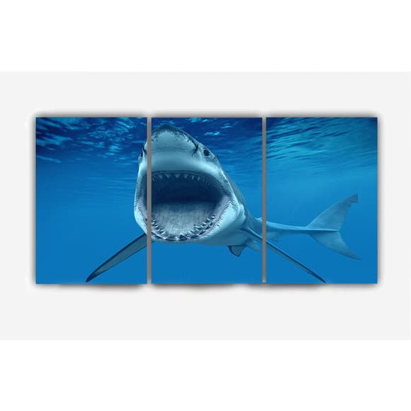 Quadros Decorativo Mosaico 30X50 3 peças Mdf Alta Resolução Full HD Tubarão Branco Mar Animais Pesca