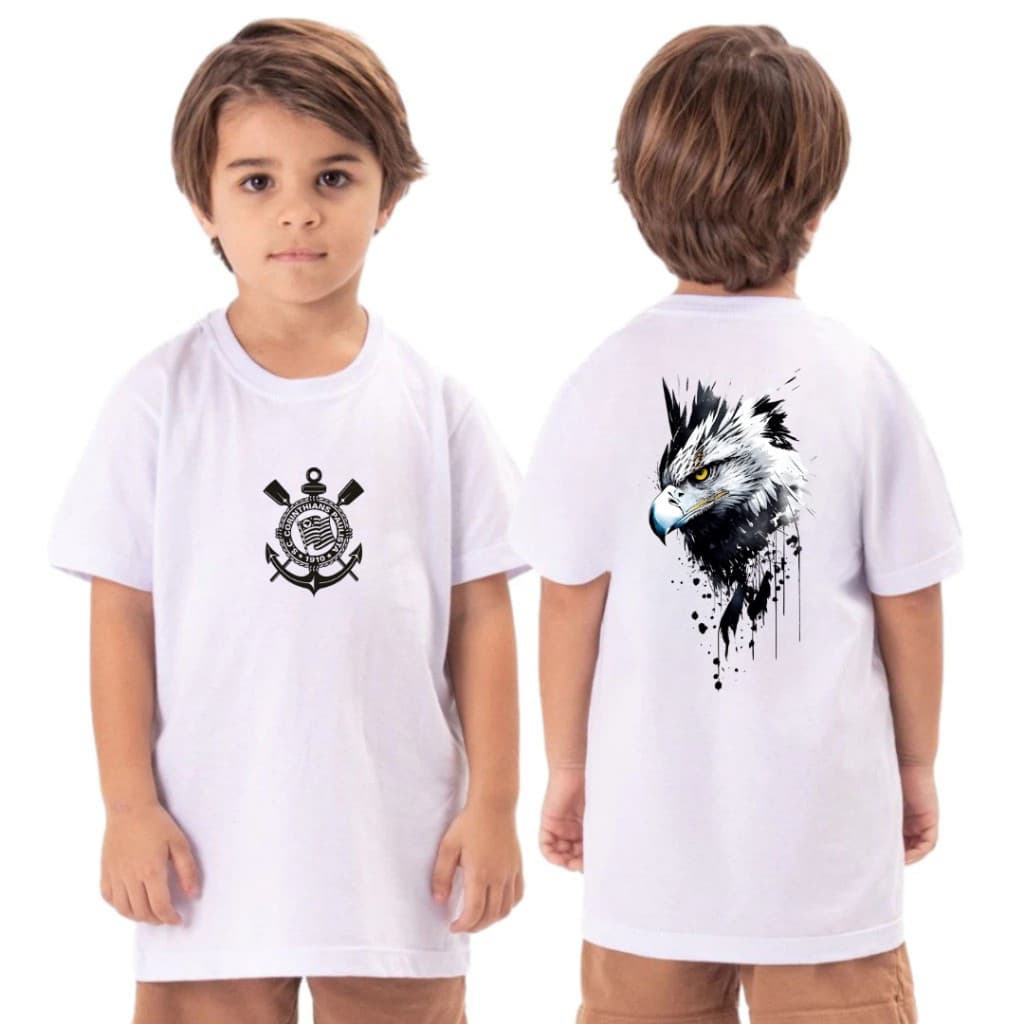 Camiseta Infantil Juvenil Unissex Gaviões Corinthians Estampada frente e atras gavião  Torcedor Camisa 100% Algodão