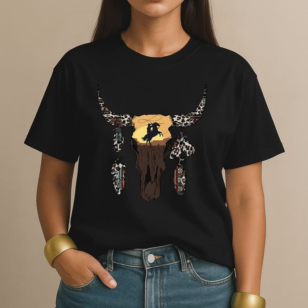 Camiseta Feminina Blusa Básica Menina Estampa Chifre Cowboy Rodeio Country Tendência
