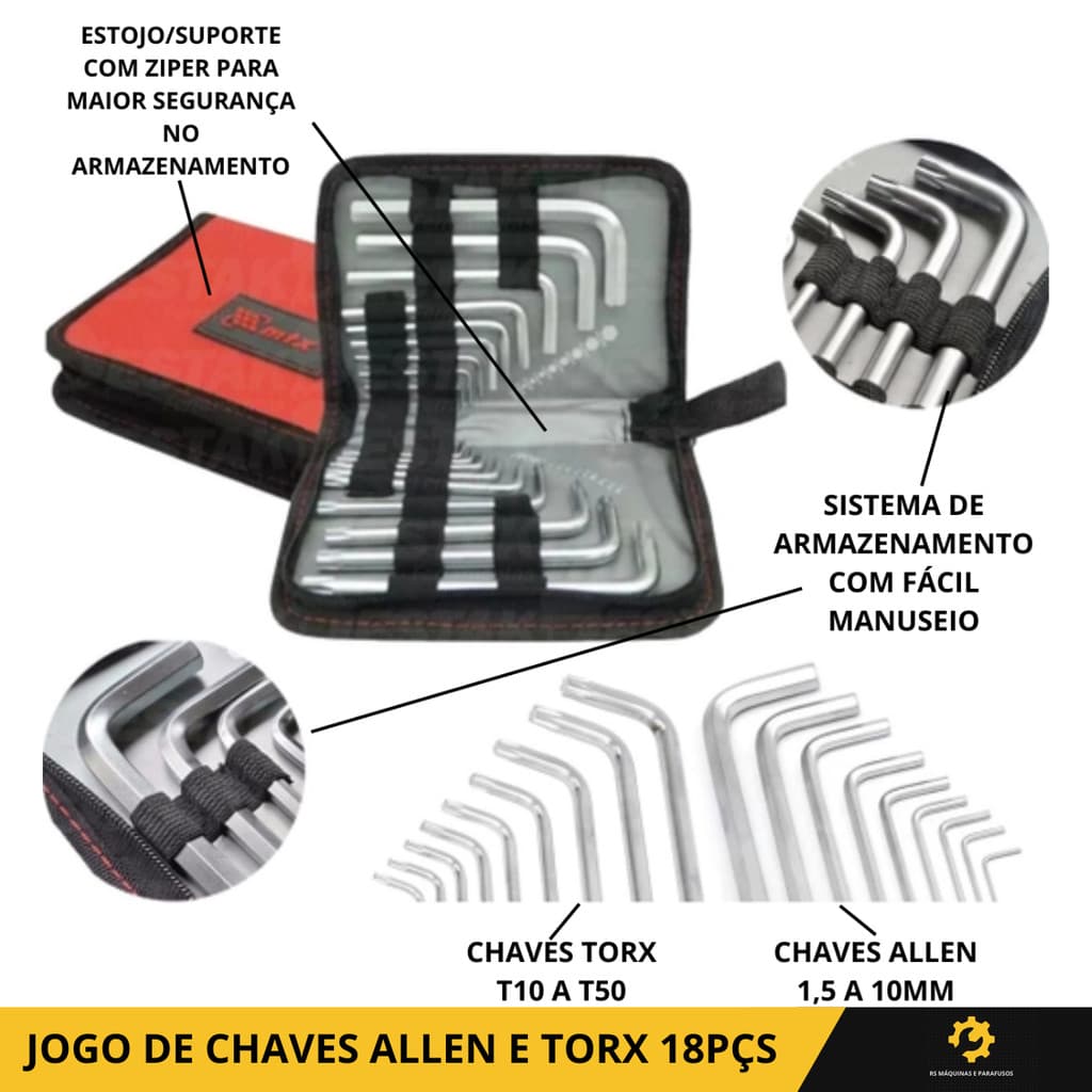 Jogo Chave Allen e Torx MTX 18 Peças CRV com Bolsa Estojo Modelo 123149