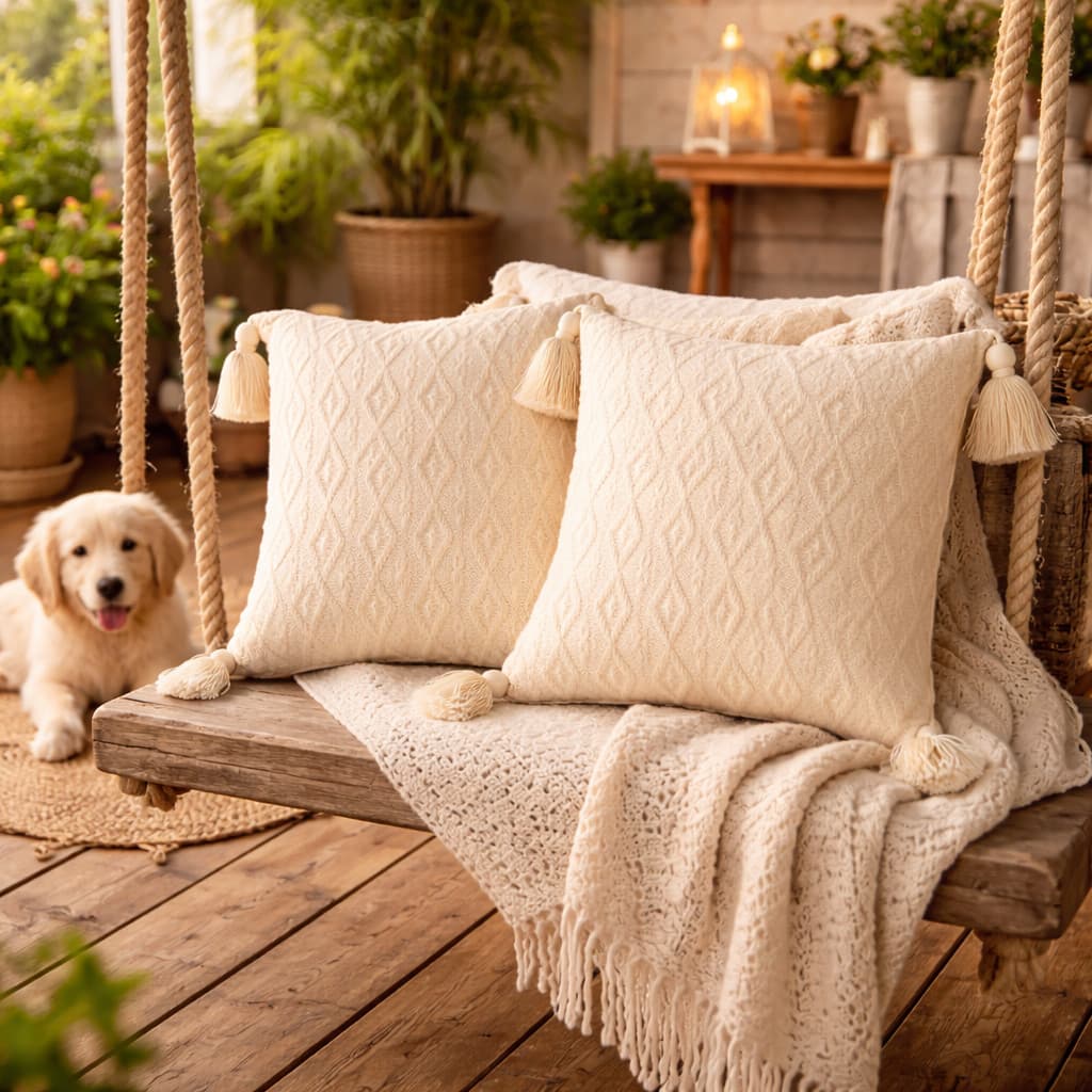 Jogo 2 Capas para Almofada 45x45cm – Boho Piquet em Algodão Cru com Pompons
