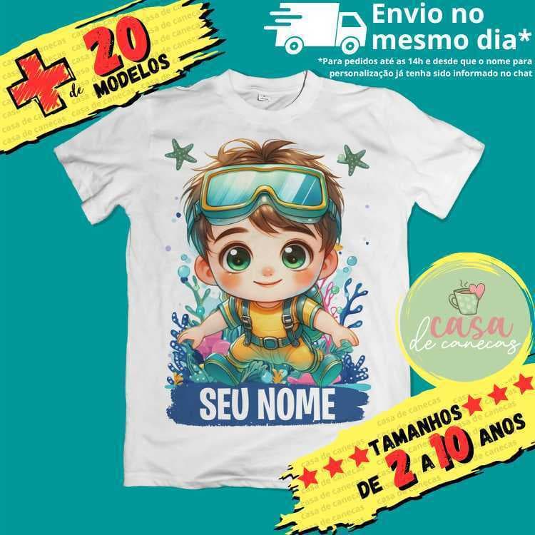 Camiseta Infantil Unissex Fundo do Mar Meninos com nome (opcional)