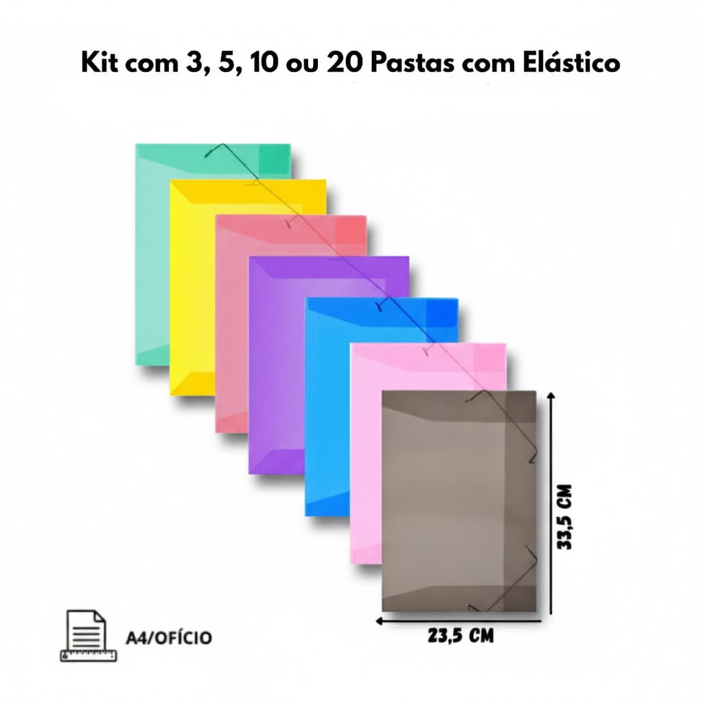 Kit 3, 5, 10 ou 20 Pastas com Elástico e aba A4/Ofício – Modelo Fino – Cores Sortidas - DAC