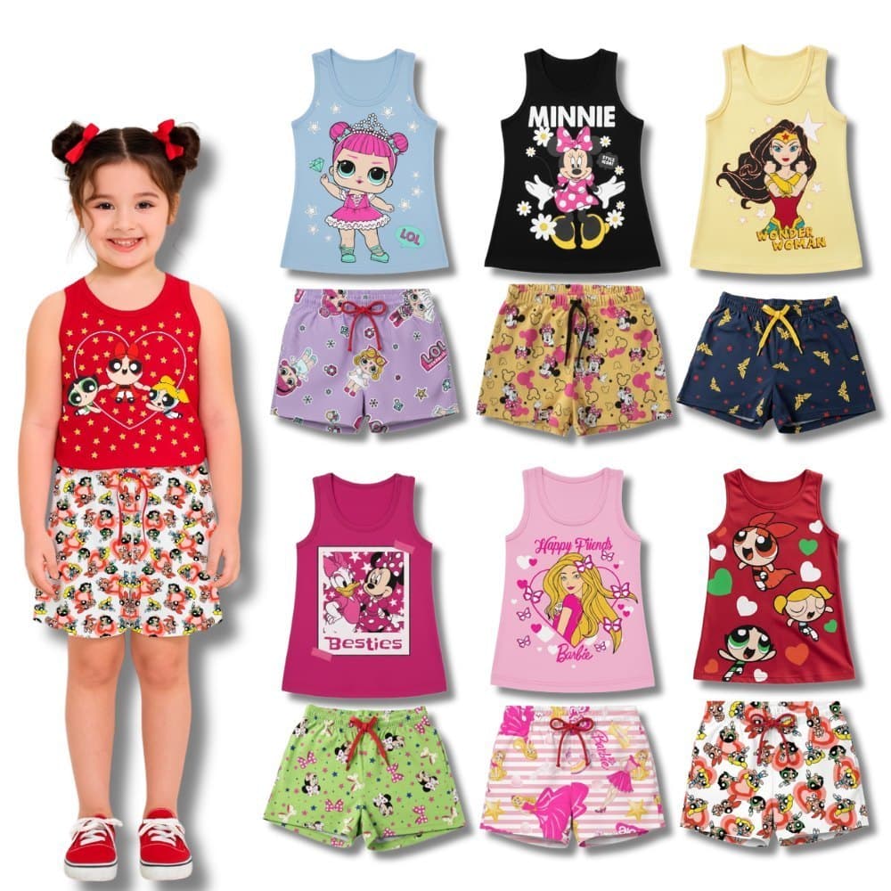 Kit Sortido Conjuntos Verão Feminino/Menina Regatas + Shorts Infantil - 3 ou 5 Conjuntos do 1 ao 8