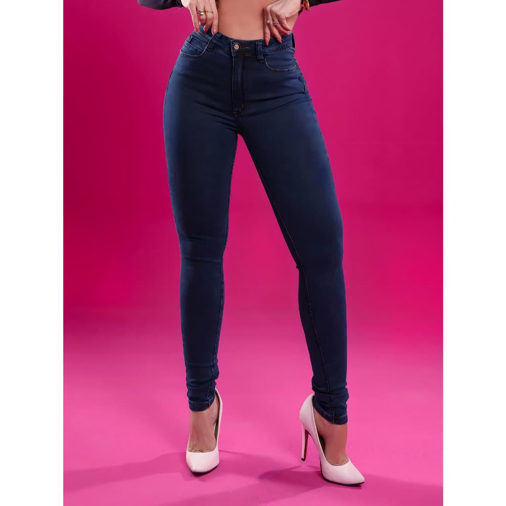 Calça Jeans Azul Escura Cintura Alta Elegante Modelagem Moderna 031