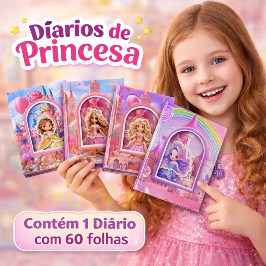 Diário de Princesas 3D Caixinha Secreta Fofo Com Cadeado e Chave Decorado 60 folhas 21cm