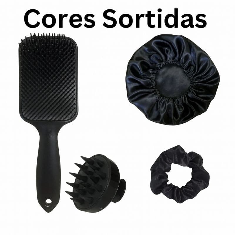 Kit Escova Cabelo Raquete + Touca Cetim + Escova Massageadora + Xuxinha Cores Sortidas