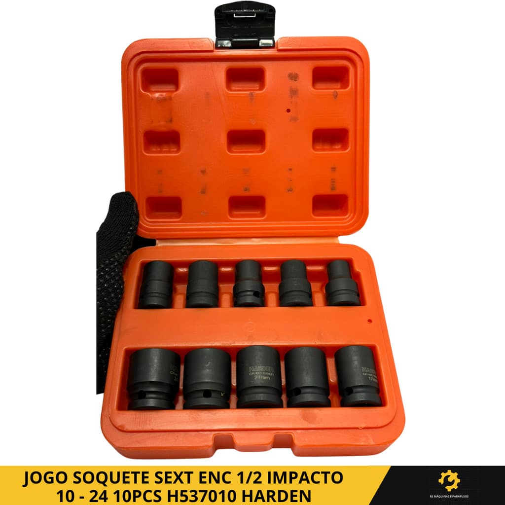 Jogo Soquete Impacto 1/2 Sextavado 10 a 24mm 10 Peças Com Estojo Harden H537010