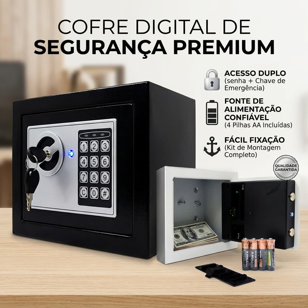 Cofre Eletrônico Digital Teclado Com Senha + 2 Chaves Cor Preto
