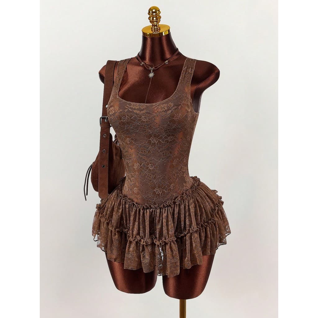 Moda Cor Sólida Fino Ajuste Ballet Renda Emendada Multi Camada Cintura Alta Uma Linha Mini Vestido Feminino