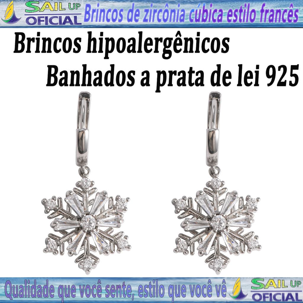 Brincos De Zircônia Banhado A Prata 925 Um Par Com Bolsa Brincos Giratórios De Zircônia Em Formato De Floco De Neve