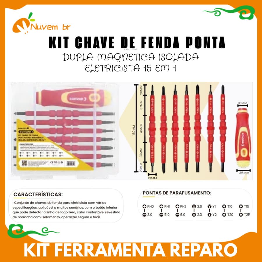 Kit De Ferramentas De Reparo Conjunto De Chave De Fenda 15 Em 1 Ferramenta Isolada Com Bits Magnetizados - NUVEM