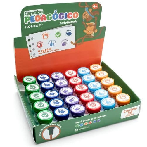 CARIMBO PEDAGÓGICO AUTOTINTADO LEO&LEO - 6 ESTAMPAS - DISPLAY C/ 30 UND