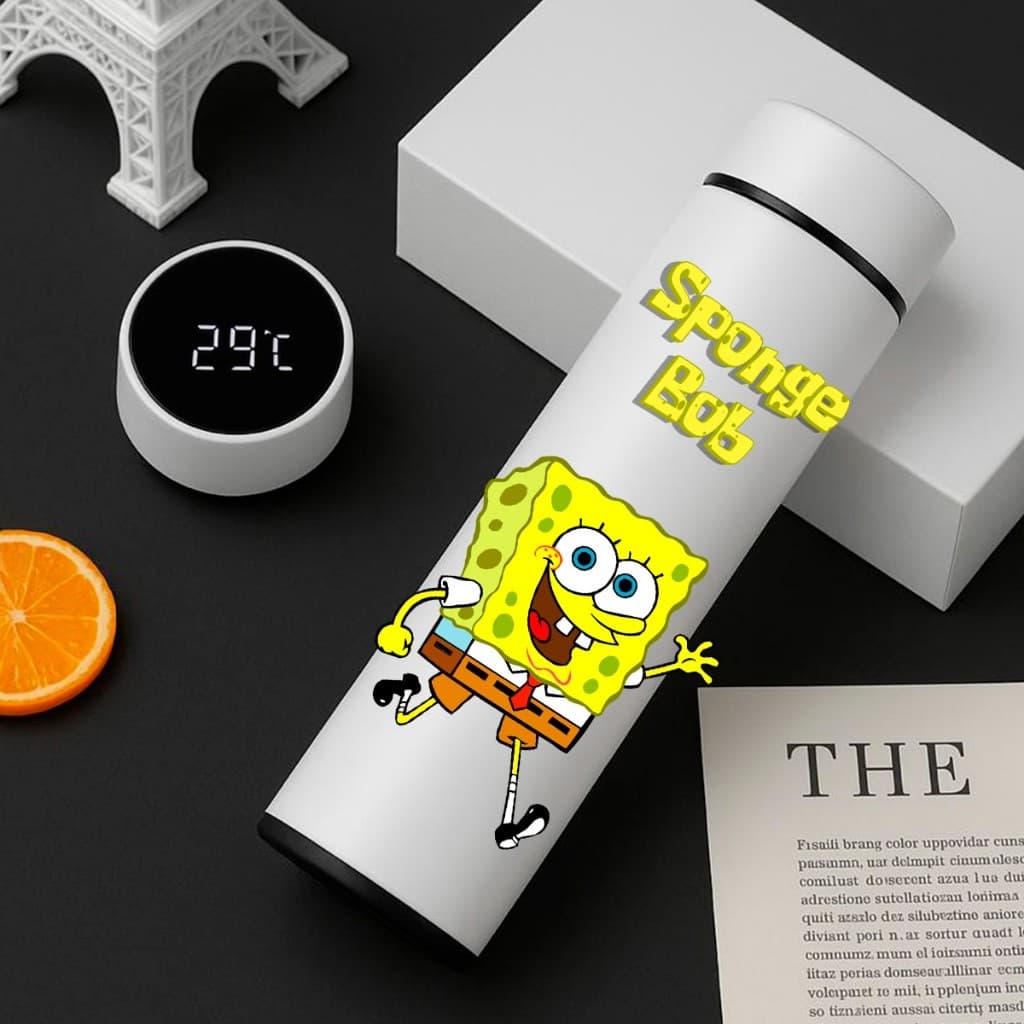 Garrafa Térmica Inox Bob Esponja 500Ml Com Termometro Led Digital Desenho infantil Bob Esponja