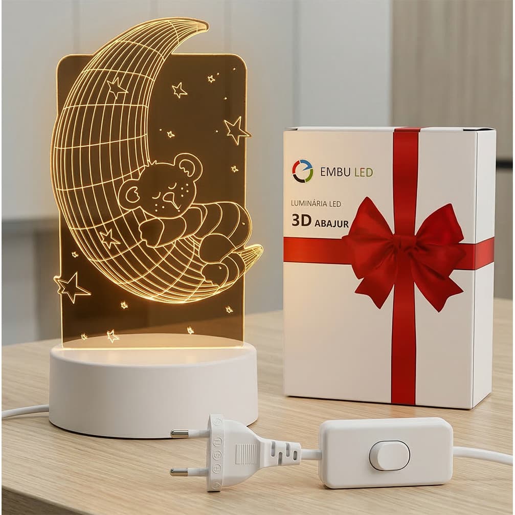 Luminária Abajur 3D LED Urso Na Lua 3 Cores Quarto Presente
