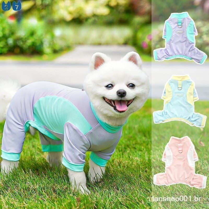 Malha Roupas Para Cães Verão Fino Proteção Solar Filhote De Cachorro Macacão 4 Pernas Com Capuz Pijamas Pequenos Poodle