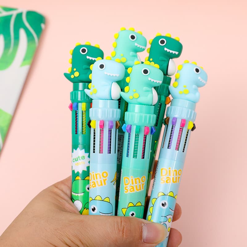 12pçs Novo Pequeno Dinossauro Fofo Caneta Esferográfica De Dez Cores Prensa Multicolorida Cor De Estilo De Alto Valor