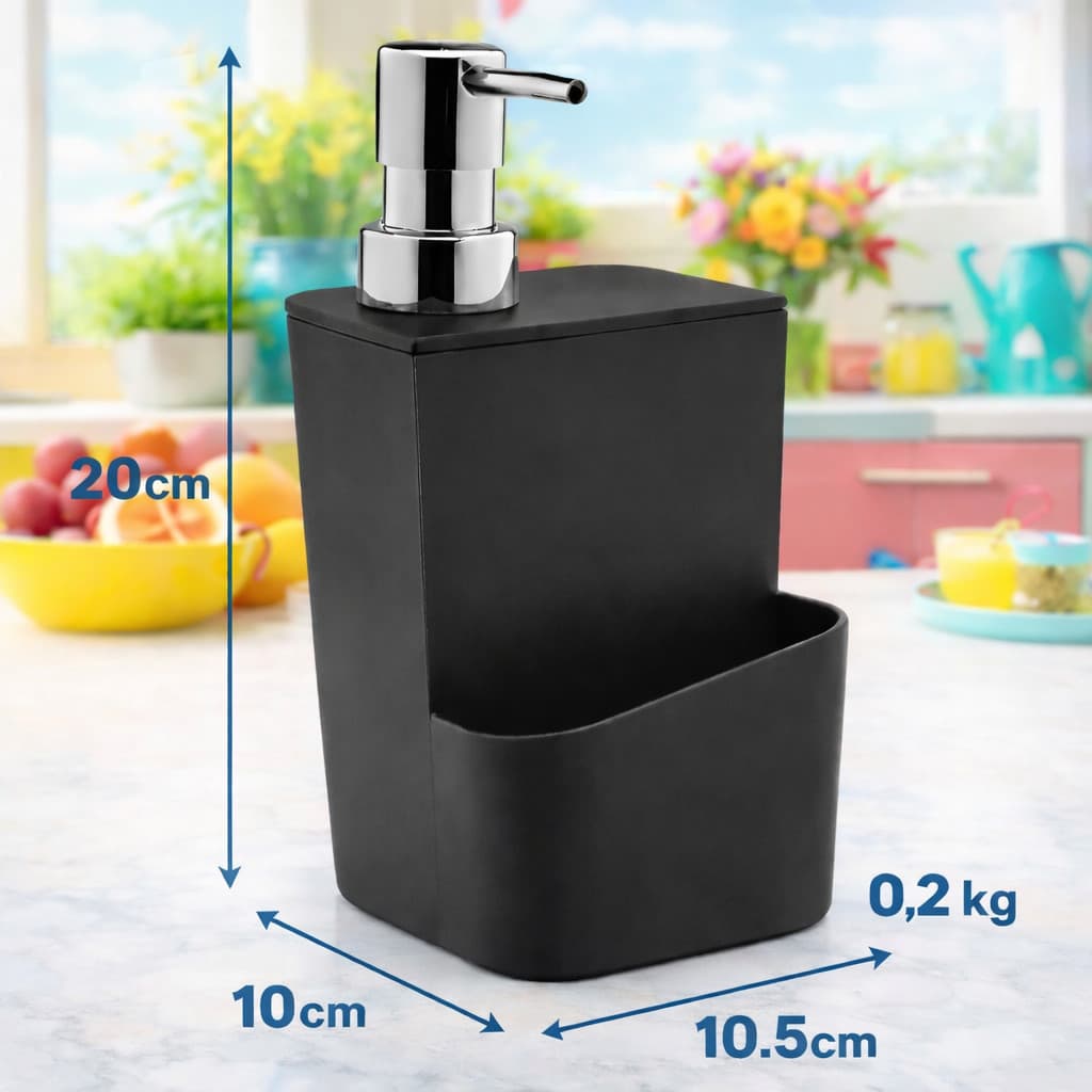 Dispenser Detergente 650ml Preto Porta Esponja Organizador Pia Cozinha Sabão Líquido Compacto Bancada Casa Primo