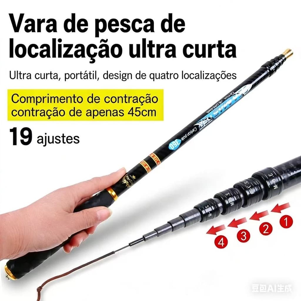 Vara de Pesca Carbono Ajustável Ultra-Curta 19 Ação Rápida Portátil