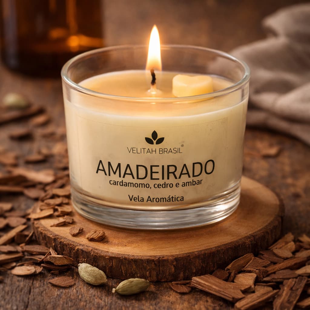 Vela Aromática Premium Amadeirado 100g Perfumada Envolvente