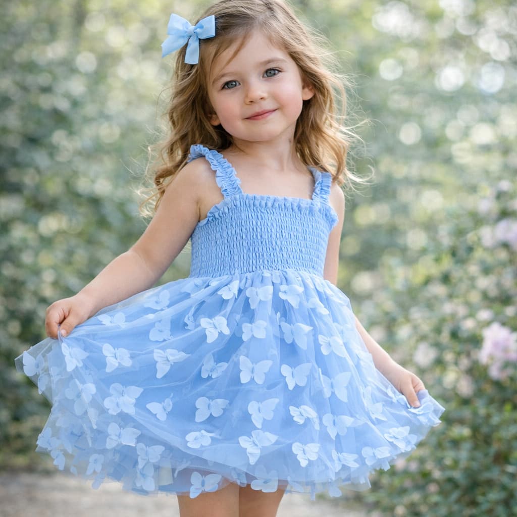 Vestido Azul De Verão Para Meninas Com Design De Borboleta Jardim encantado