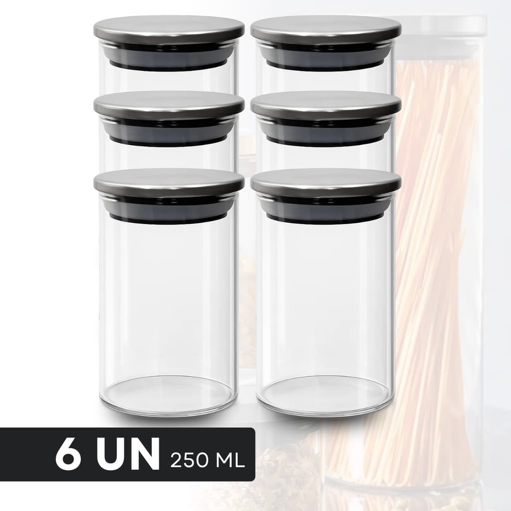 Pote Hermético De Mantimentos Para Cozinha De Vidro Com Tampa Inox 250ml Porta Mantimentos