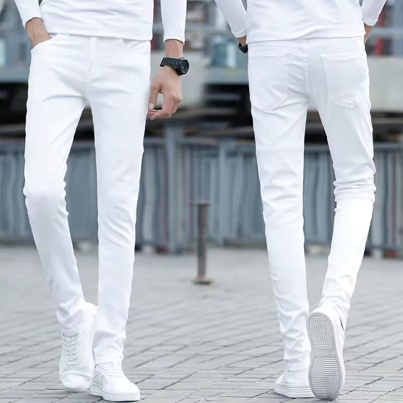 2025 versão coreana masculina primavera outono novo estilo masculino estiramento branco calças Jeans pés pequenos magro-