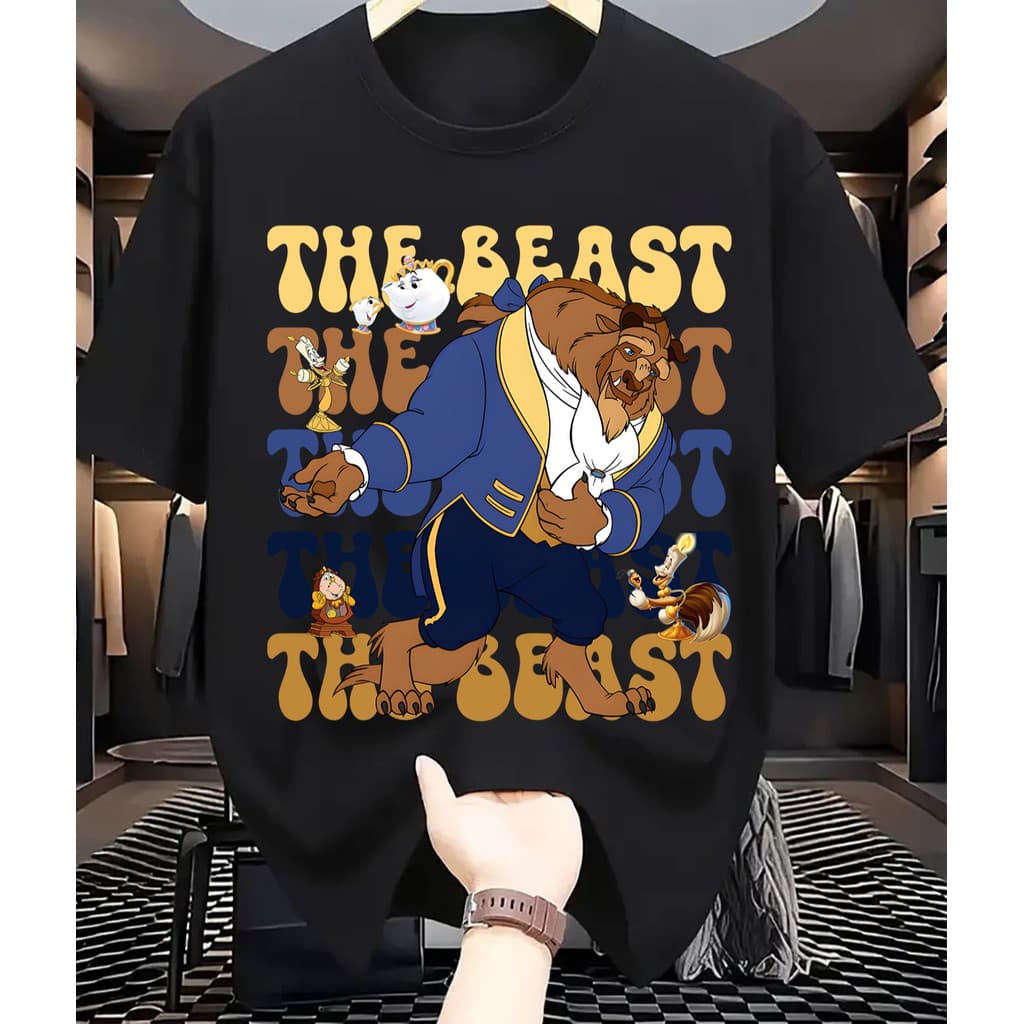 Camiseta Feminina Casual E Versátil Em Puro Algodão Com Estampa Da Bela E A Fera Da Disney