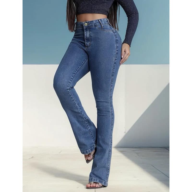 Calça Jeans Feminina Flare Cintura Alta Tecido Encorpado Confortável Levanta Bumbum Modeladora