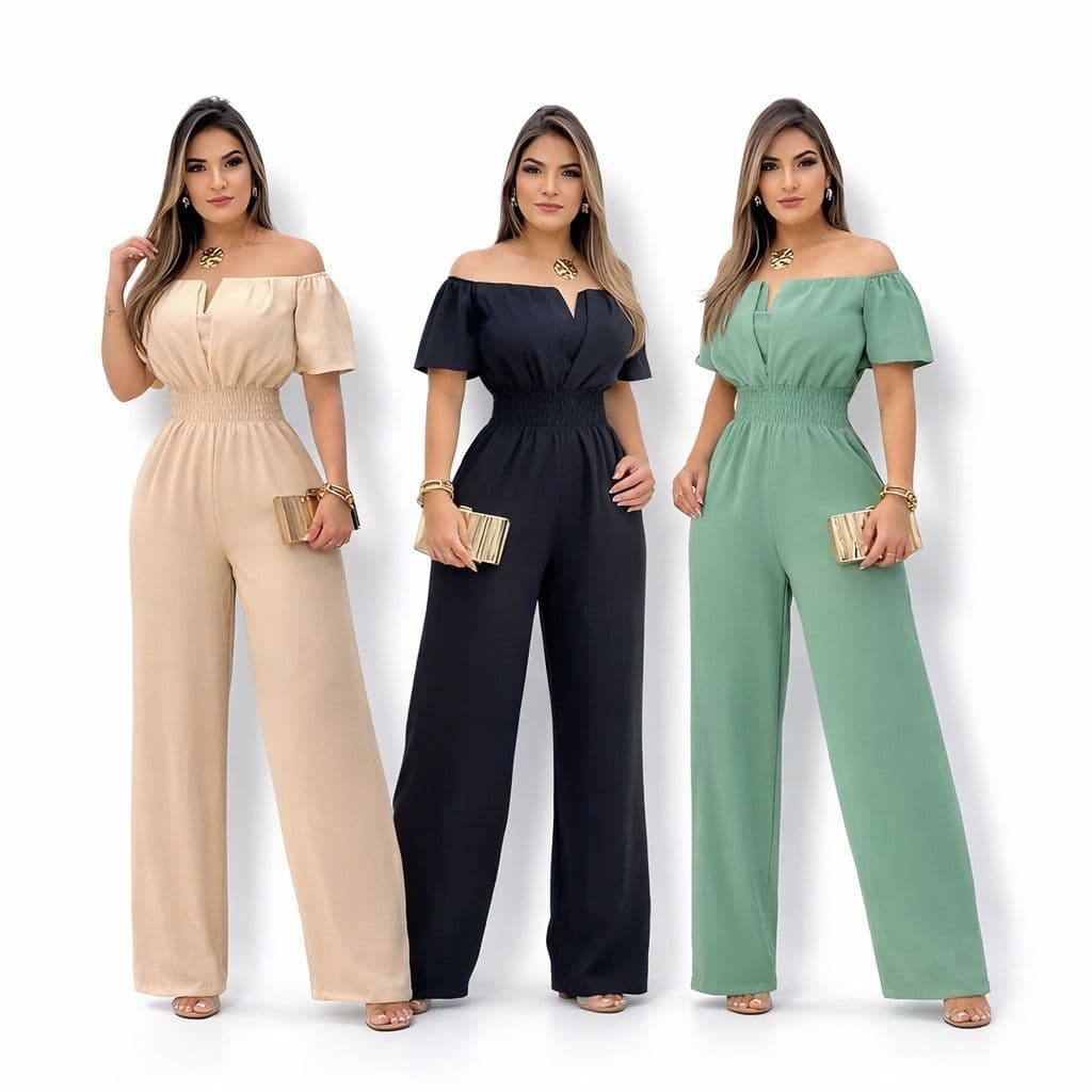 Macacão Feminino Social Longo Pantalonada Ombro a Ombro Alfaiate