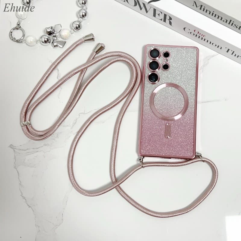 Alça Magnética Caso Para Samsung S25 Ultra Galaxy S24 FE S21 S26 S22 S23 Plus A56 Glitter Magsafe Chapeamento Crossbody