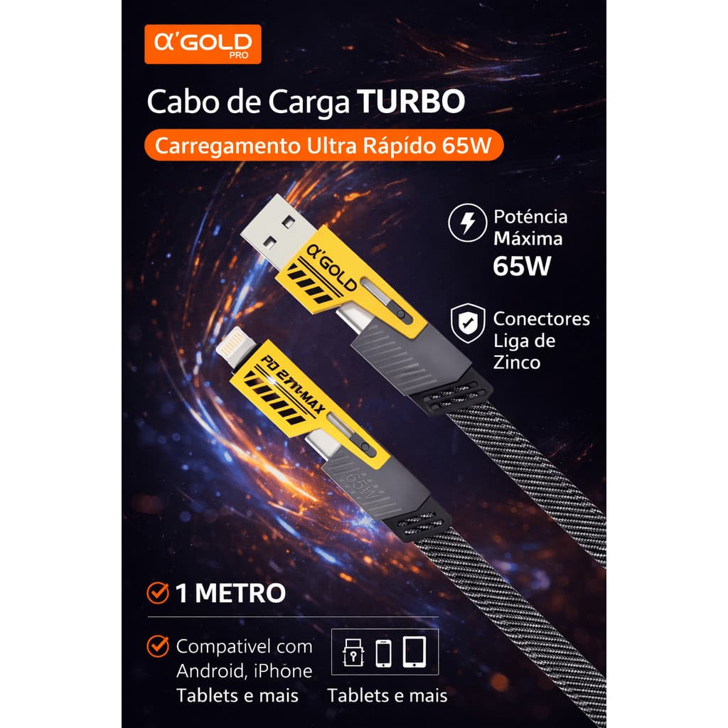 Cabo Turbo α’GOLD PRO CB-74 65W 4 em 1 Carregamento Ultra Rápido 1 Metro Reforçado