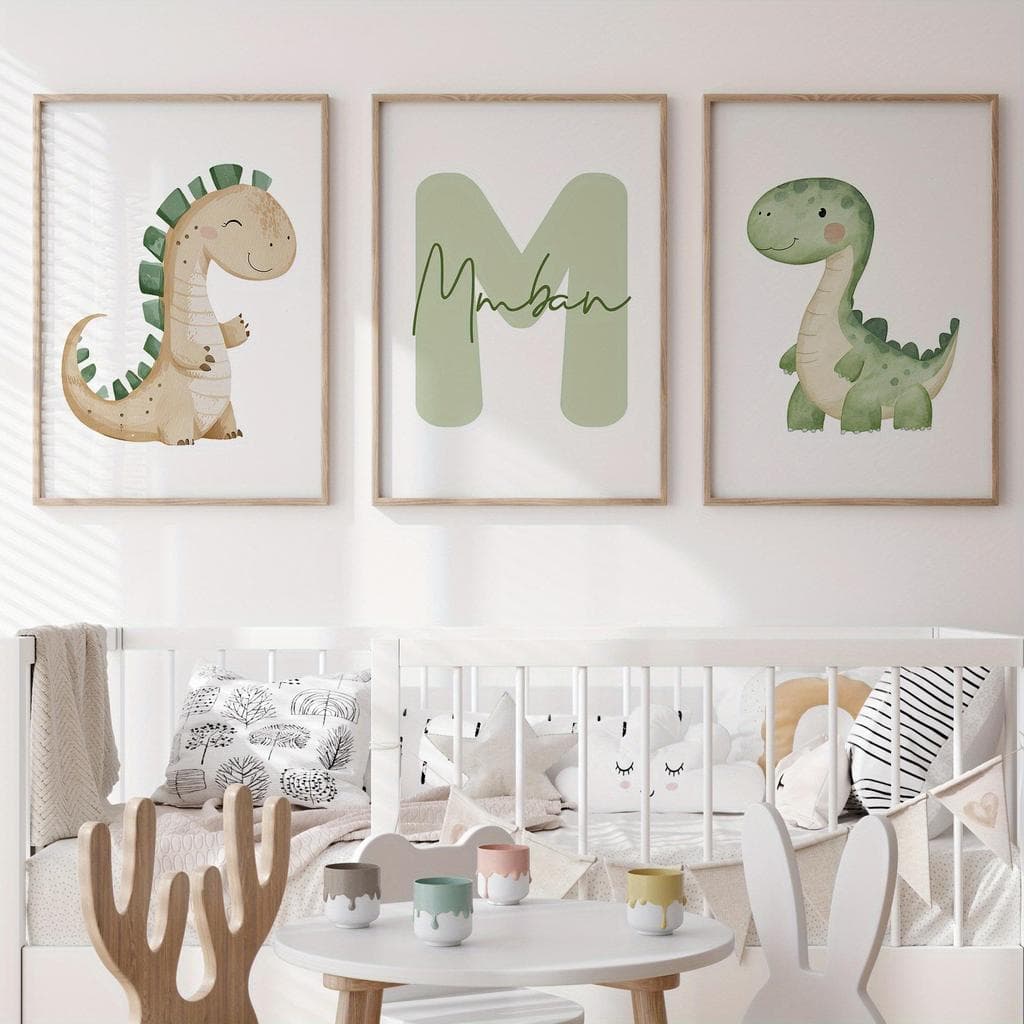 Quadro Decorativo 3 Peças Dinossauro com Nome Personalizado Animados