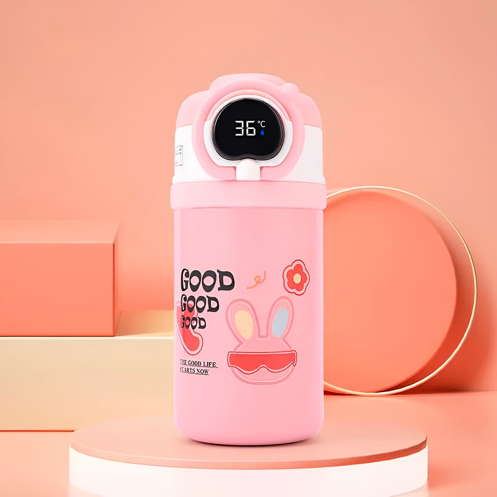 Garrafa Squeeze Copo Térmico Infantil Tela Digital Termômetro Cor:Rosa