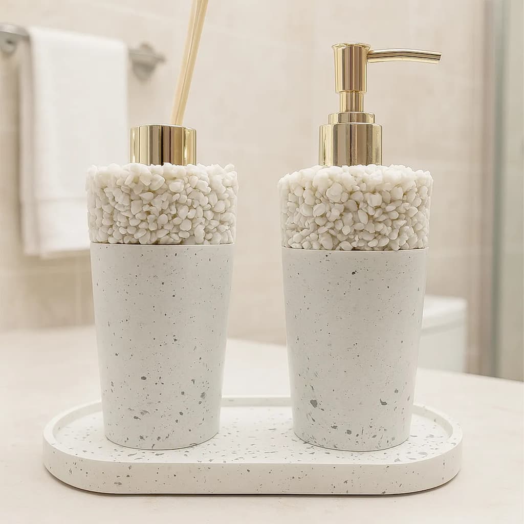 Kit Lavabo Banheiro Com Bandeja Luxo Saboneteira Aromatizado Dourado