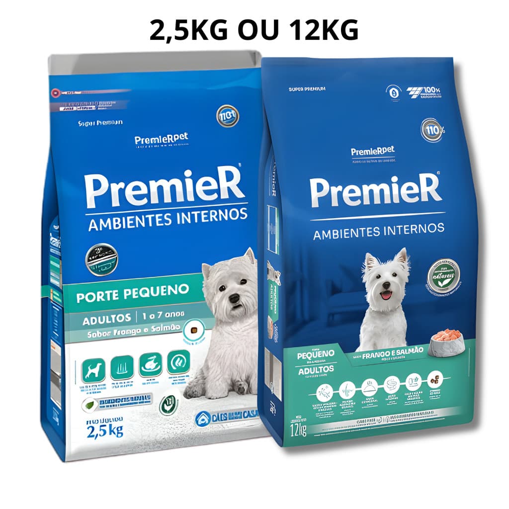 Ração Premier Ambientes Internos Cães Adultos Porte Pequeno 2,5kg ou 12kg Frango e Salmão Premium