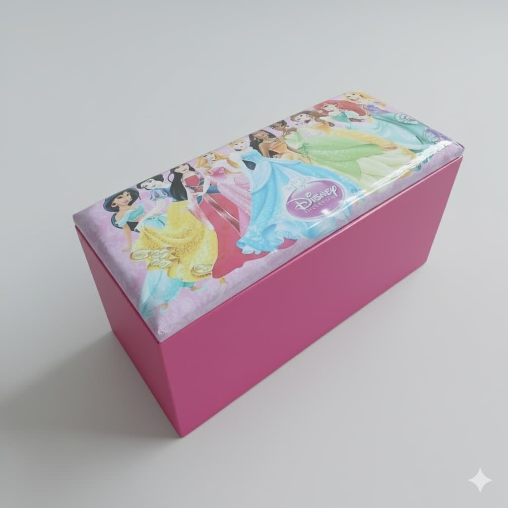 Puff Baú Princesas Infantil 90cm Organizador Decorativo Guarda Brinquedos Quarto Menina Pronta Entrega