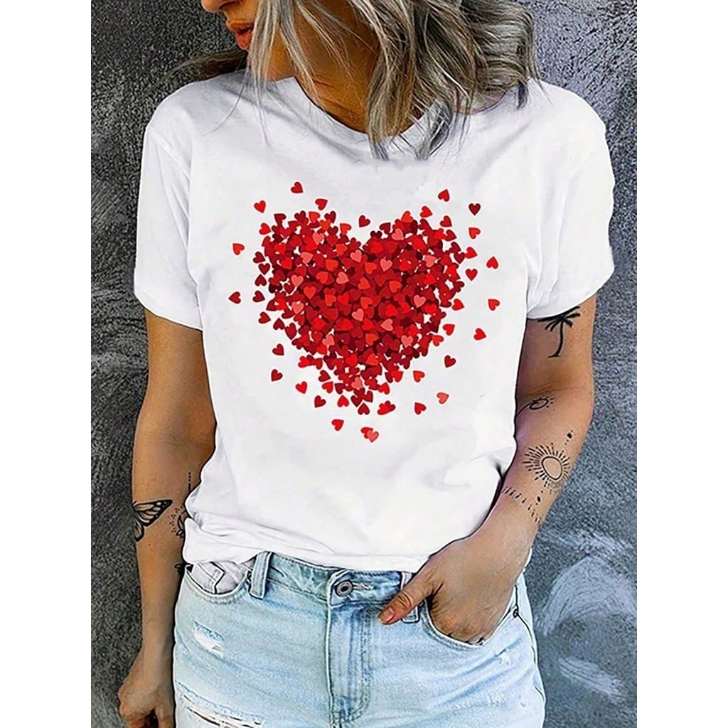 Camiseta Feminina De Coração E Gola Redonda 100% algodao Casual Basico