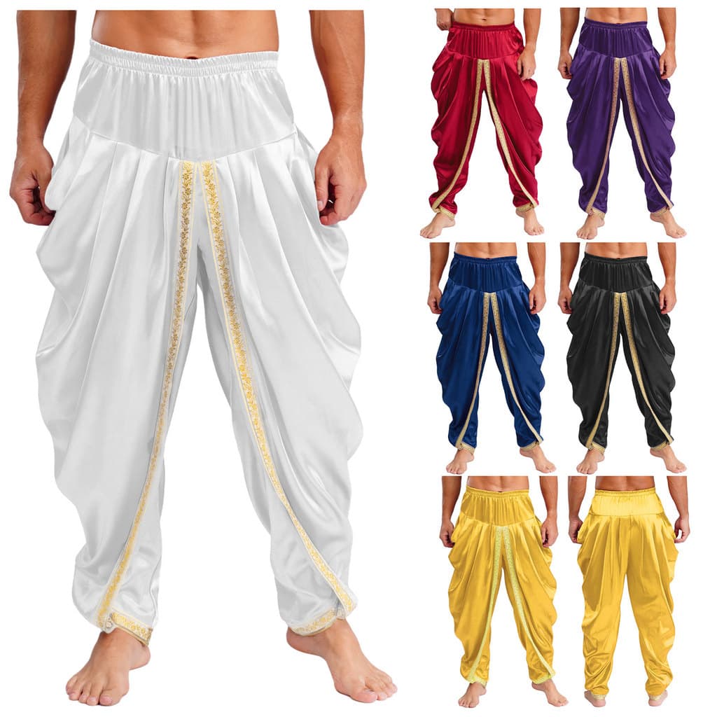 Calças Masculinas De Cetim Dhoti Casuais Com Cintura Elástica Drapeadas Largas Para Festa Temática De Férias