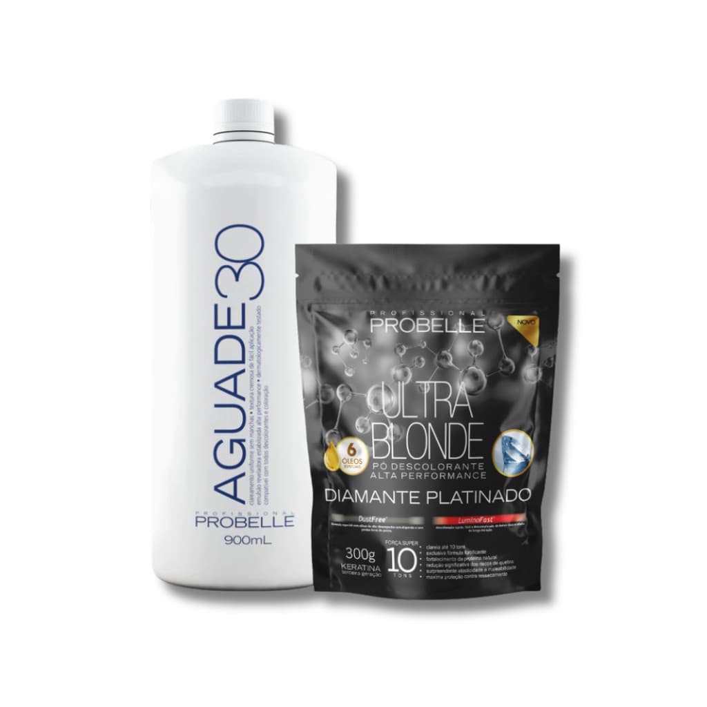 kit Pó Descolorante Platinado Ultra Blond 300g + Agua oxigenada cremosa 30 vol 900ml probelle