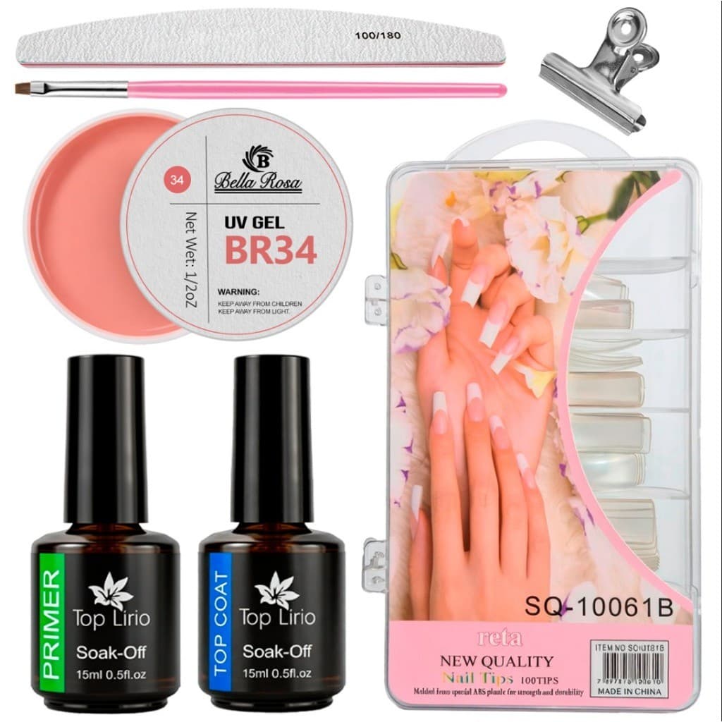 Kit Alongamento De Unha Gel + Top Coat + Primer + 100 Unhas Tips/Acrigel/Porcelana