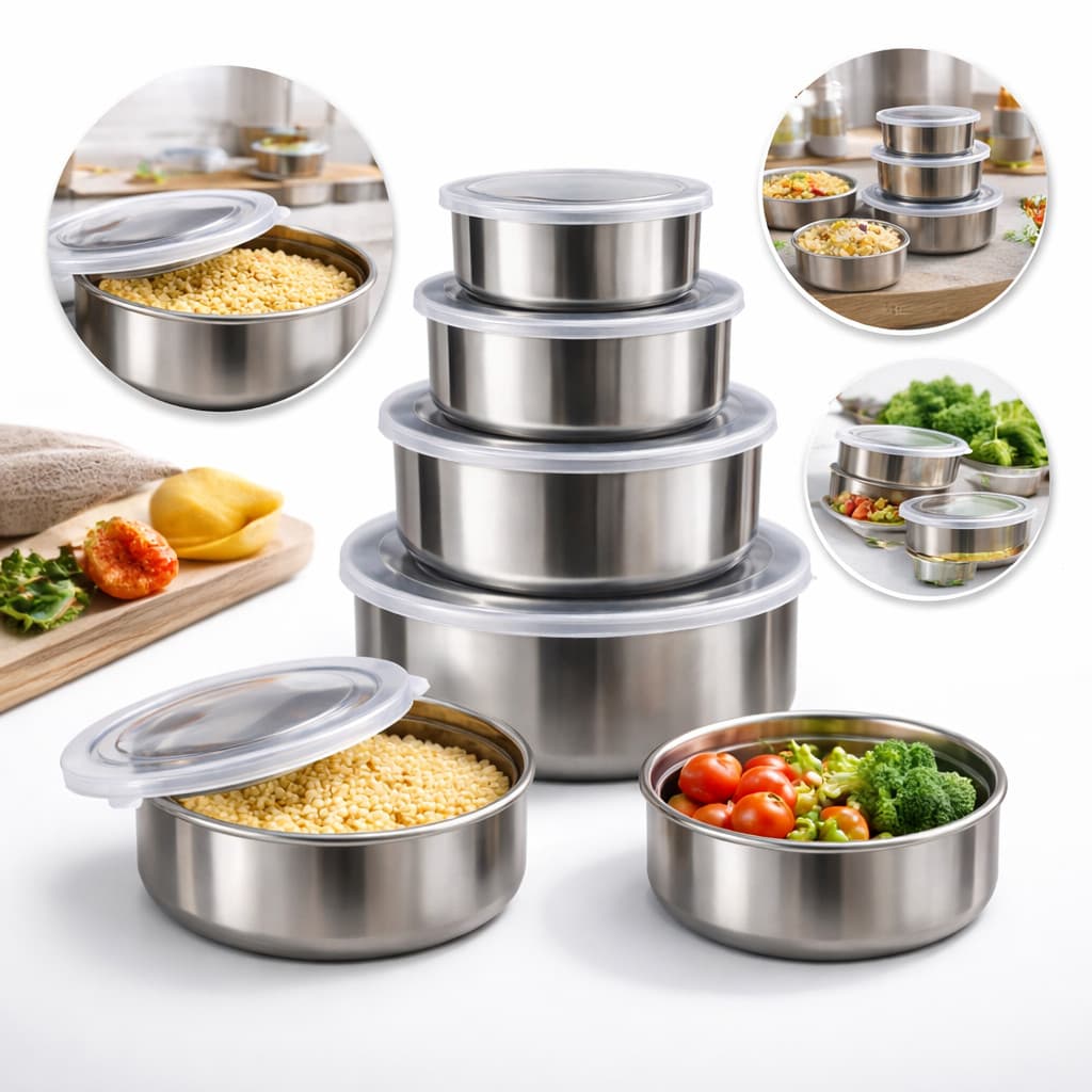 Kit 5 Potes Hermetico Inox Redondos Tampa Vedacao Empilhavel 250-1200ml Alimentos Cozinha Pratico