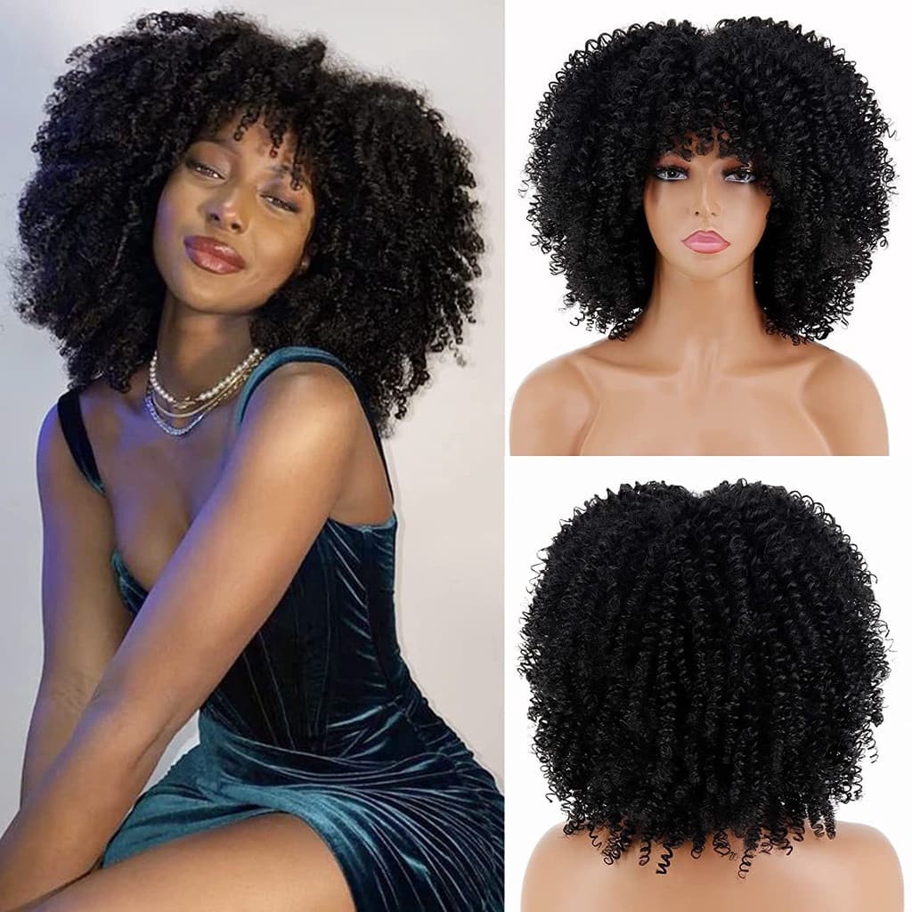 45cm Perucas Pretas kinky Curly Wigs for Black Women , Curtas Afro Com Bangs Sintéticas Resistentes Ao Calor Full Para F
